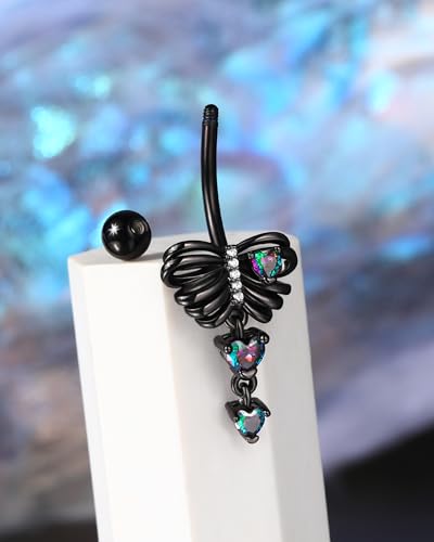 Black Skeleton Heart Belly Button Rings Dangle Halloween Navel Rings 14G Belly Piercing Jewelry Stainless Steel - color: VM CZ
