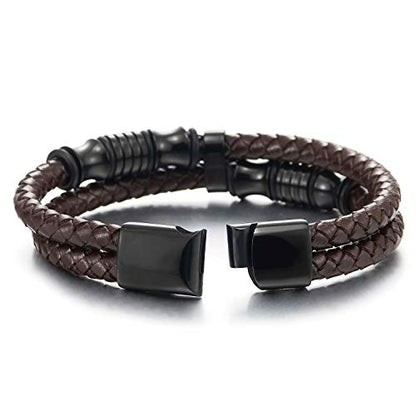 COOLSTEELANDBEYOND Mens Double-Row Braided Leather Bracelet Bangle Wristband with Black Stainless Steel Ornaments - color: C-Brown