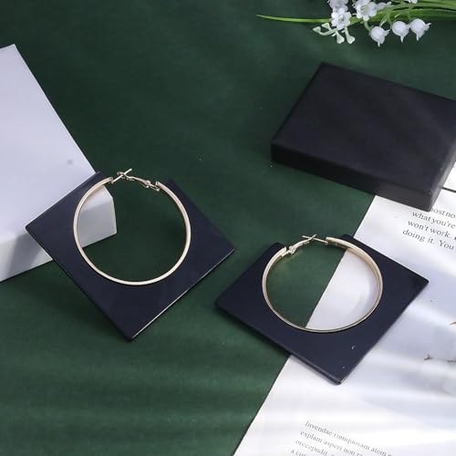Colorful Large Hoop Earrings for Women Big Square Hollow Hoops Dangle Earrings Trendy Chunky Geometric Square Earring 80s 90s Neon Hoop Dangle Earrings - color: black