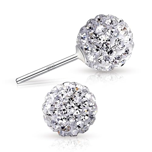 925 Sterling Silver Woman Earrings with Box Disco Ball White Crystals Dangle Hook Stud Earrings for Women - size: 6 mm