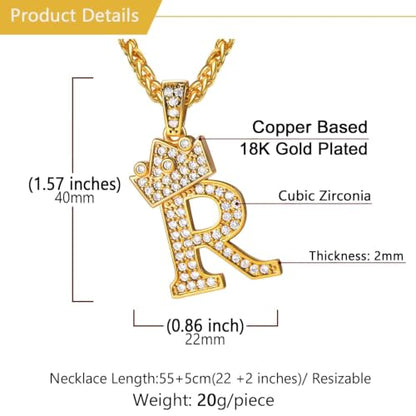 U7 Crown Initial Necklace Men Women, Bling Diamond A-Z 0-9 Letter Pendant with Wheat Chain, Silver/Black/Gold Plated CZ Alphabet Number Hip Hop Jersery for Father Husband - color: a. Gold, size: 18. R