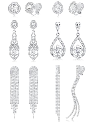 6 Pairs Clip on Earrings for Women Non Pierced Sparkly Rhinestone CZ Drop Dangle Earrings Long Tassel Chandelier Earring Clips for Brides Bridesmaids Wedding Prom Stage Jewelry Gold Silver Plated - color: Silver