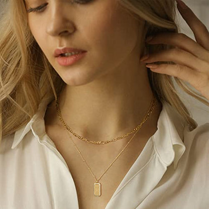 Gold Initial Necklace for Women 14K Gold Plated Figaro Chain Choker Layered Necklaces Set Bar Rectangle Pendant Necklaces Simple Dainty Letter Necklace Everyday Gold Jewelry - style: Letter M