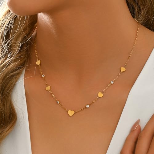 Dainty Necklaces with CZ Inlaid Minimalist Stackable Fashion Gifts - color: Heart-GD