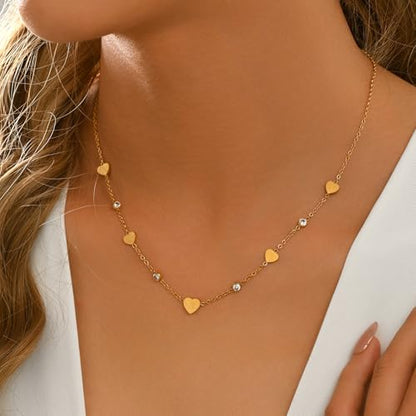 Dainty Necklaces with CZ Inlaid Minimalist Stackable Fashion Gifts - color: Heart-GD