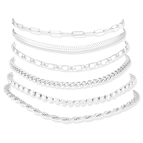 Besteel Ankle Bracelets for Women Waterproof 14K Gold Plated Anklets Set | Non Tarnish Stainless Steel, Plus Size Adjustable 8-12 Inch, Hypoallergenic Layered Cuban Link Chain Summer Foot Jewelry Gift - style: 6 Pcs Silver Tennis-8.5+2.5 Inch