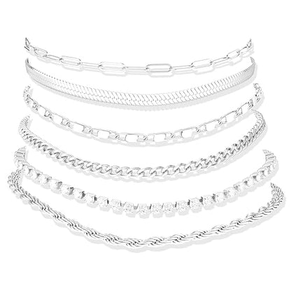 Besteel Ankle Bracelets for Women Waterproof 14K Gold Plated Anklets Set | Non Tarnish Stainless Steel, Plus Size Adjustable 8-12 Inch, Hypoallergenic Layered Cuban Link Chain Summer Foot Jewelry Gift - style: 6 Pcs Silver Tennis-8.5+2.5 Inch