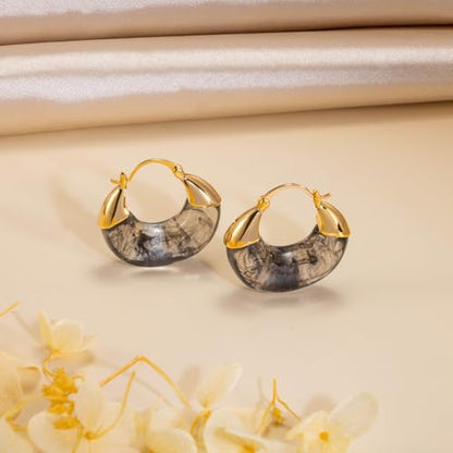 LAXPICOL Gold Chunky Dangle Earrings For Women Resin Stone Earrings Hoop Earrings, 18k Plated Oval Resin Stone Statement Earrings for Women Unique Dangling Teardrop Baroque Huggies Hoop Earrings - color: Black-Teardrop 2