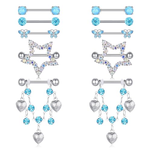 AceFun 5 Pairs 14G Nipple Rings Stainless Steel Heart Butterfly Bow Opal Flower CZ Stud Barbell Set Cute Nipplerings Shields Piercing Jewelry for Women Pink Blue Red Tone Body Jewelry - color: Blue