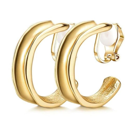 Non Pierced Gold Tone Clip On Hoop Earrings - style: Indented Hoops