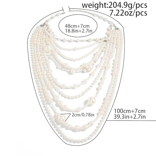 Layered Faux Pearl Necklace for Women Long Multi Strand Statement Necklace Vintage Flapper Beaded Necklace Gatsby Style Jewelry for Party Wedding Outfit
