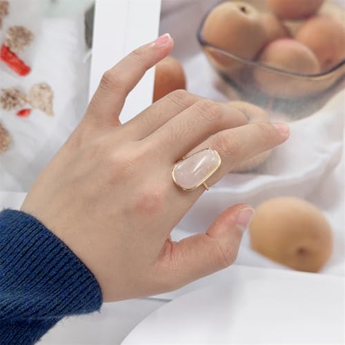OIDIMS Gemstone Statement Ring for Women Gold-Tone Stainless Steel Natural Stone Rose Quartz Aventurine Turquoise Adjustable Open Band Stacking Finger Rings Boho Cocktail Wedding Party Jewelry - color: Pink