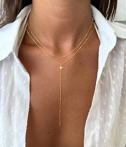 Lariat Gold Necklace for Women, Dainty Long Necklace 14k Gold Plated/Silver Y-Shaped Pendant Necklace Trendy Layered Cz Beaded Chain Drop Necklaces Simple Gold Jewelry for Women Gift - style: LC-2NK-24523-GDW