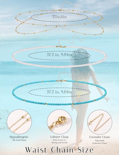 Waist Chain for Women 3Pcs Adjustable 14K Gold Plated Layered Belly Chain Pearl Beaded Waist Chain Jewelry Sets, Adjustable Waterproof Sexy Bikini Satellite Beads Sparkle Body Chain Summer Jewelry Gifts for Women - style: A-Gold