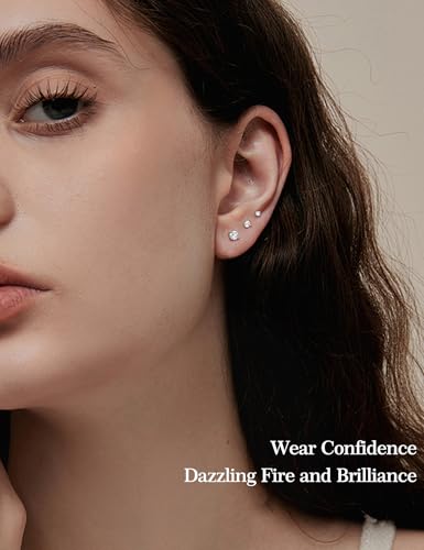 3 Pairs Moissanite Flatback Stud Earrings for Women, 925 Sterling Silver Hypoallergenic Flat Back Cartilage Earrings Set, 18K White Gold Plated - color: 18K White Gold, size: 2,3,4mm
