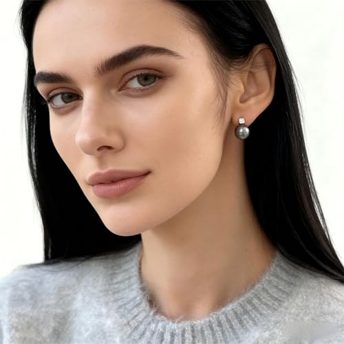 Faux Pearl Cubic Zirconia Stud Earrings, Hypoallergenic Lightweight Round Pearl Studs for Women - color: Platinum Grey, size: Pearl 10mm-CZ 3mm