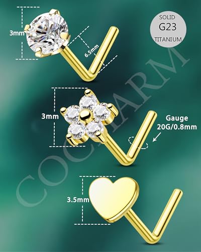3PCS Titanium Flower Nose Rings Studs 20G, 6.5mm L-Shaped Nose Piercing Jewelry Set - Hypoallergenic Surgical Steel Heart L Bend Nostril Stud for Women Men - color: 3PCS-Gold