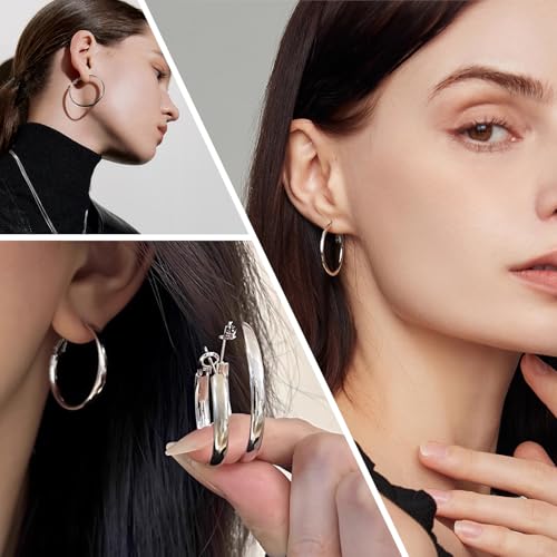 4 Pairs Silver Gold Hoop Earrings for Women | 14K Gold Plated Hoop Earrings Set Hypoallergenic Earring Lightweight Dangle Earrings Set - color: 4 Pairs Silver-(4mm Wide & Thin)