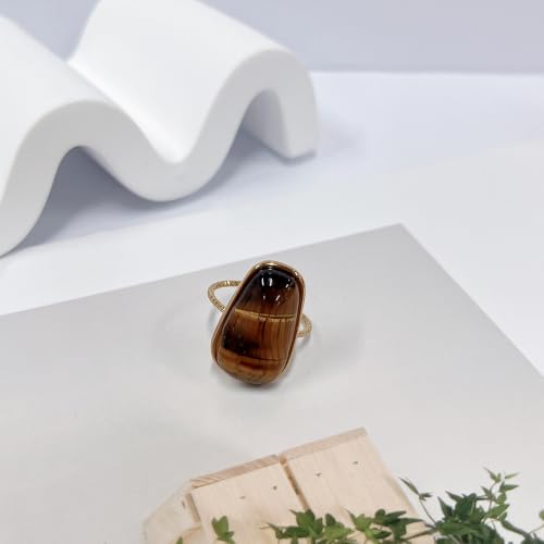 OIDIMS Gemstone Statement Ring for Women Gold-Tone Stainless Steel Natural Stone Rose Quartz Aventurine Turquoise Adjustable Open Band Stacking Finger Rings Boho Cocktail Wedding Party Jewelry - color: Tiger's Eye