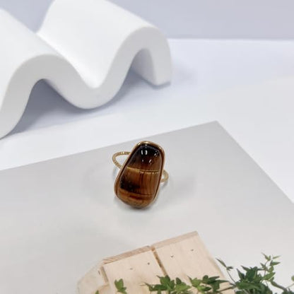OIDIMS Gemstone Statement Ring for Women Gold-Tone Stainless Steel Natural Stone Rose Quartz Aventurine Turquoise Adjustable Open Band Stacking Finger Rings Boho Cocktail Wedding Party Jewelry - color: Tiger's Eye