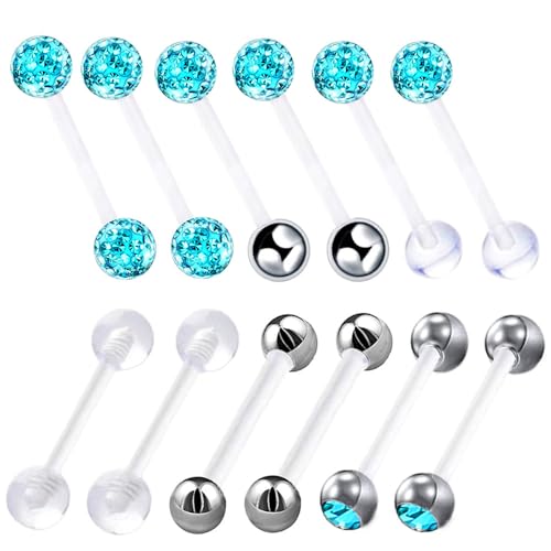 12pc Flexible Acrylic Bar Coated CZ Crystal Ball Barbell Tongue Ring Stud Nipple Body Piercing Bioflex Retainer Jewelry Set - color: Lake Blue