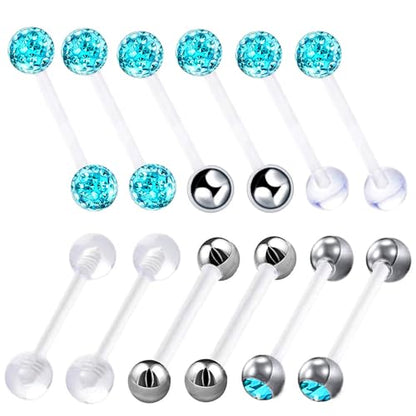 12pc Flexible Acrylic Bar Coated CZ Crystal Ball Barbell Tongue Ring Stud Nipple Body Piercing Bioflex Retainer Jewelry Set - color: Lake Blue