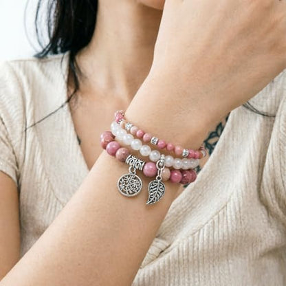 YGLINE Tree of Life Yoga Healing Stone Bracelets,Multilayer Lotus Chakra Stone Reiki Bracelet Sets,Anxiety Crystal Natural Stone,for Women Stress Relief - color: Rhodonite＆white marble-3w