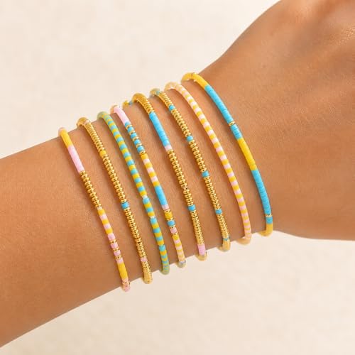 Colorful Stackable Rice Small Mini Seed Beaded Bracelets Set For Women, Handmade Dainty Boho Gold Glass Stretch Accessories Jewelry,Summer Beach Party Daily Friendship Gift - color: 8Pcs Blue Yellow