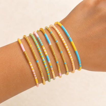 Colorful Stackable Rice Small Mini Seed Beaded Bracelets Set For Women, Handmade Dainty Boho Gold Glass Stretch Accessories Jewelry,Summer Beach Party Daily Friendship Gift - color: 8Pcs Blue Yellow