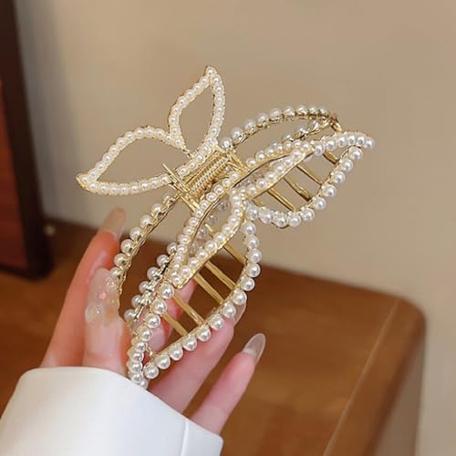 Butterfly Hair Clips Pearl Hair Claw Clip Large Spring Gold Butterfly Jaw Hair Clamps for Women Girls Non-slip Hair Barrettes Summer Hair Accessories for Thick or Thin Hair
