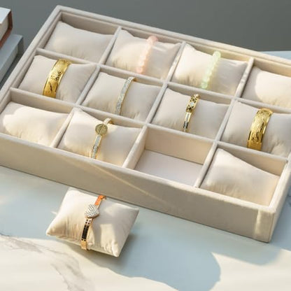 Jewelry Watch Tray, Beige Velvet Watch Jewelry Organizer 12 Grid, Stackable Watch Bracelet Bangle Display Holder, Adjustable Pillows, for Man Woman Show Birthday - color: Beige