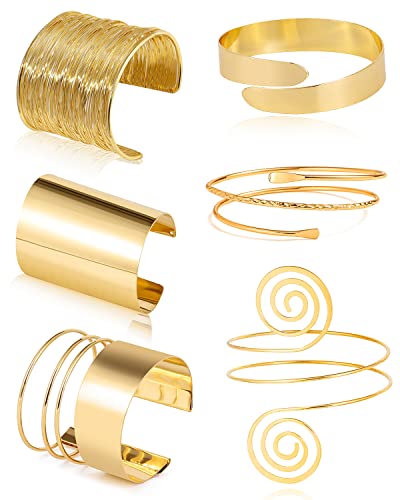 BOMAIL 6 Pieces Gold Upper Arm Cuff Band Bracelet Set | Minimalist Simple Swirl, Open Wide Wire, Adjustable,Women Bangle Bracelets,Versatile Summer Party Jewelry