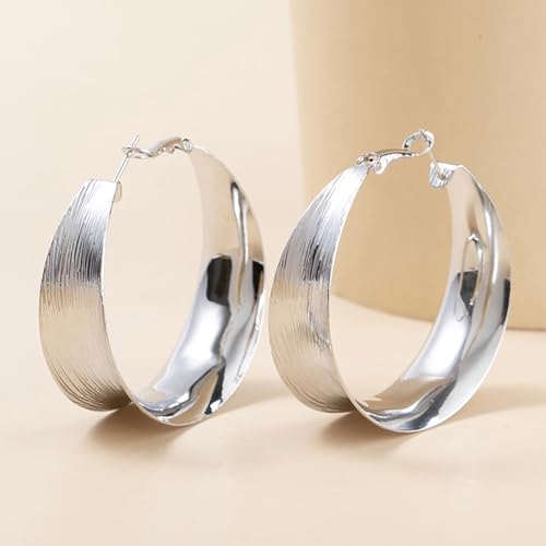 Hoop Earrings for Women Wide Hoop Earrings Large Big Flat Huggie Hoops Earrings Trendy Chunky Hoops Earrings Statement Earrings Jewelry for Women - color: Silver