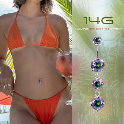 G23 Titanium Dangle Belly Button Rings for Women Dangling Navel Rings CZ Belly Rings Curved Barbell Internally Threaded Belly Piercing Jewelry - color: Rainbow