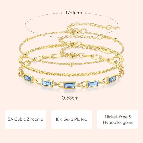 Gold Birthstone Bracelet for Women, 18K Gold Plated Layered Jewelry Bracelet Set, Womens Dainty Stackable Bracelets Link Paperclip Chain Valentines Day Gift for Wife Her - color: Gold-03-Mar.