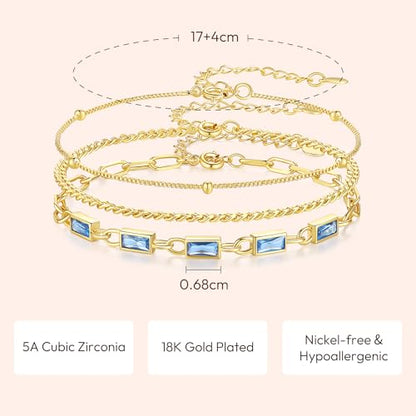 Gold Birthstone Bracelet for Women, 18K Gold Plated Layered Jewelry Bracelet Set, Womens Dainty Stackable Bracelets Link Paperclip Chain Valentines Day Gift for Wife Her - color: Gold-03-Mar.