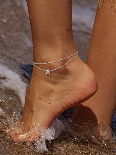 FaithHeart Initial Ankle Bracelets for Women, Waterproof 14k Gold Plated Initial Anklets Non Tarnish Stainless Steel Cute Layered Anklet Summer Beach Jewelry - color: Silver, size: Initial A