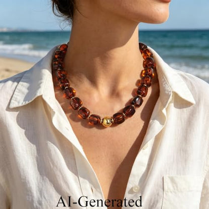 Ritach Chunky Beaded Necklaces for Women - Colorful Large Square Acrylic Beaded Necklace Boho Chunky Necklace Adjustable Statement Choker Necklace for Women Waterproof Summer Beach Jewelry Gifts - color: Amber