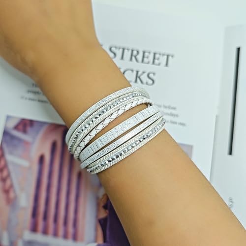 ZMANYIJEW Leather Wrap Bracelets for Women,Boho Cuff Bracelets Multi-Layer Crystal Beads Cuff Bracelet Multilayered Leopard Leather Braided Bangle Wrist Cuff Bangles - style: white