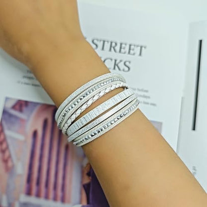 ZMANYIJEW Leather Wrap Bracelets for Women,Boho Cuff Bracelets Multi-Layer Crystal Beads Cuff Bracelet Multilayered Leopard Leather Braided Bangle Wrist Cuff Bangles - style: white