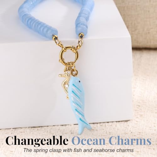 SAMYA Gemstone Beaded Necklace for Women | Ocean Charm Necklace with 8x4mm Natural Dyed Jade Beads, Adjustable 16"+2" Beach Necklace for Women - color: Aquamarine color