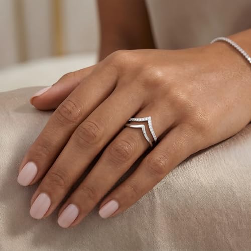 Gelbesty Silver Plated Chevron Ring for Women, Stackable V Shaped Curved Wedding Band 2Pcs Set, Pave CZ Wishbone Ring Enhancer Fits Pear & Solitaire Engagement Rings Jewelry Gift Size 6 7 8 9 10 11 - size: 9