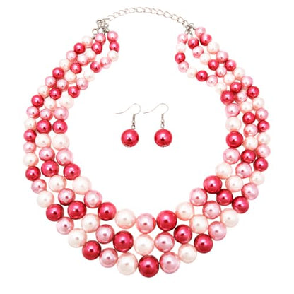 Simulated Pearl Necklace & Earring Set, Multi Strand - color: Pink Mix