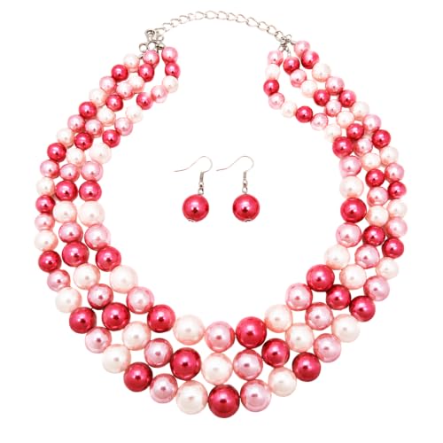 Simulated Pearl Necklace & Earring Set, Multi Strand - color: Pink Mix
