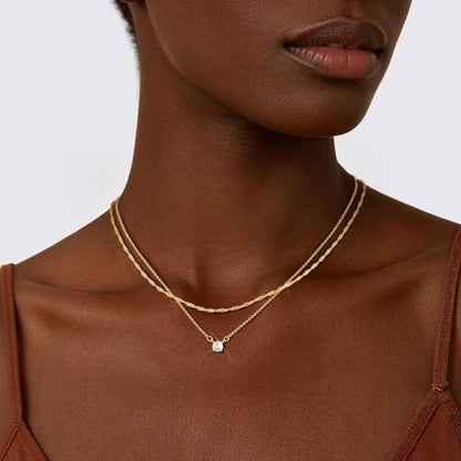 Layered Gold Necklace Set for Women Dainty Waterproof Cute Choker | 14K Gold Plated Minimalist Non Tarnish Lightweight CZ Pendant Pearl Twist Paperclip Chain Jewelry Gifts - style: 2PCS-Twisted rope zircon-GD