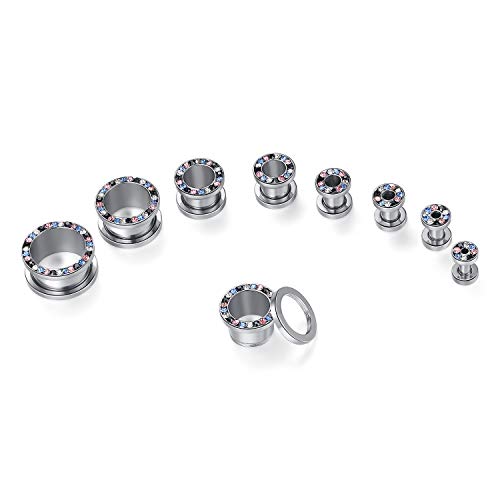 WBRWP 2pcs Hollow Gold Stainless Steel with Zircon Ear Plugs Tunnels - Ear Expander - Ear Gauges Stretcher Body Piercing Jewelry 8g-5/8 - color: Silver color with colorful CZ