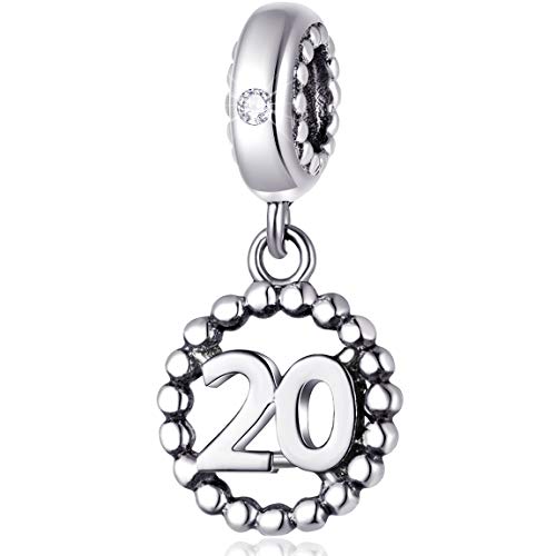5,10,15,16,17,18,20,21,25,30,35,40,42,49,50,55,60,65,70 Number Charms for European Bracelet, 925 Sterling Silver Birthday Pendant Beads with CZ, Gifts for Mothers Day/Anniversary - color: Silver Color Number 20 Charm