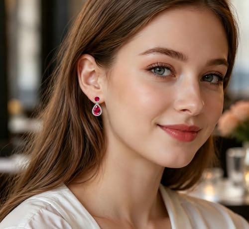 Drop Dangle Earrings Teardrop Gemstone Waterdrop White Gold Plated Crystal Hanging Cubic Zirconia Ruby Sapphire Emerald Jewelry Gift for Women Mother Wife - color: Red