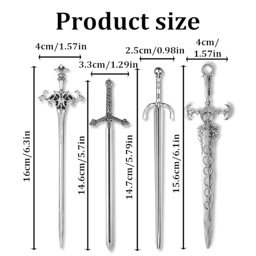Sword Hair Pin Set, 4 Pcs Gothic Viking Hair Accessories for Women Medieval Hairs Sticks Fantasy Renaissance Hairs Jewelry Cosplay Hairpins Retro Metal Chopsticks Viking Themed Halloween Gifts