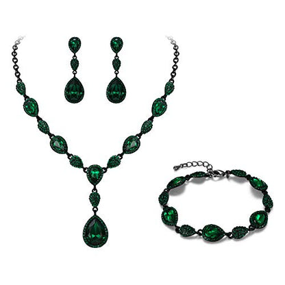 EleQueen Women's Wedding Bridal Jewelry Sets for Brides Bridesmaids, Cubic Zirconia Teardrop Necklace Tennis Bracelet Dangle Earrings Jewellery Set - color: 11-Emerald Color Black-Tone